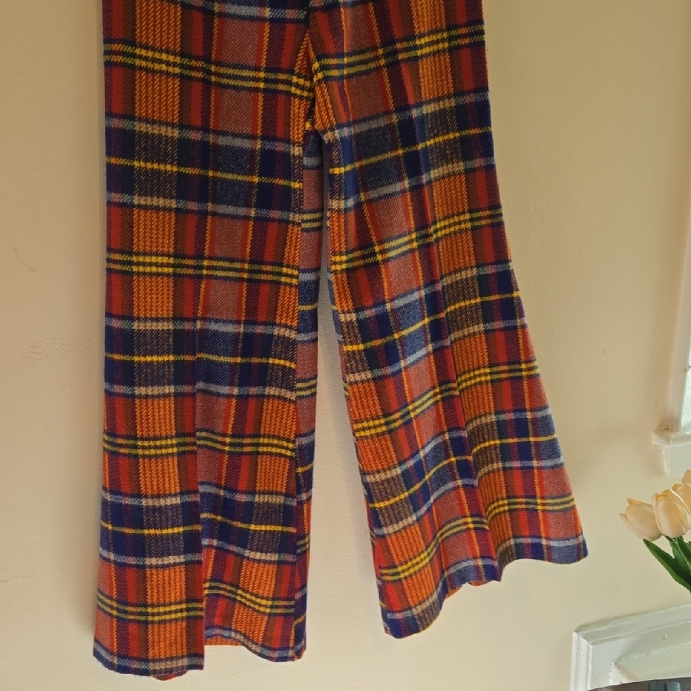 TRUE 70'S Plaid Wide Leg Pants Multicolor Bell Bottoms Wool.Small Hole Repaired. - Picture 9 of 11
